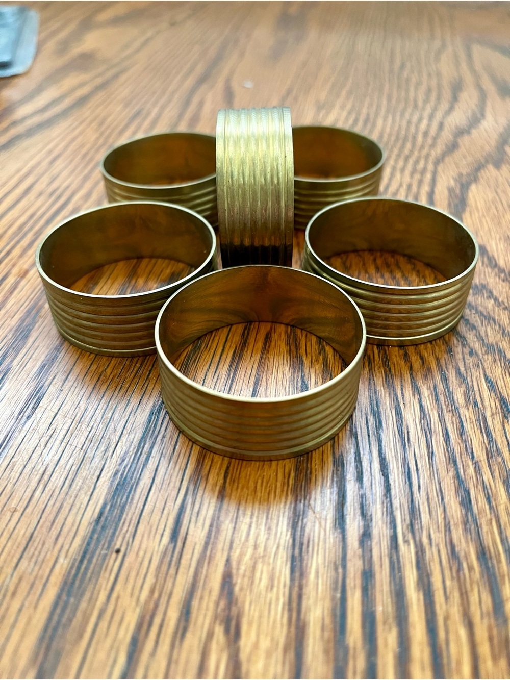 Set of 6 Vintage Brass Ribbed Design Napkin Rings MCM